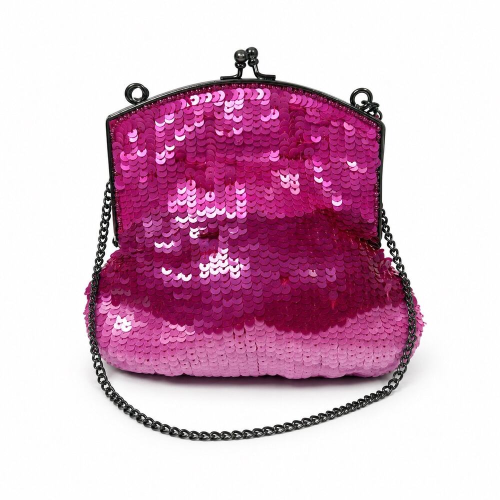 Soprano Sequin Kiss Lock Evening Purse Hot Pink Chain Shoulder Bag Womens